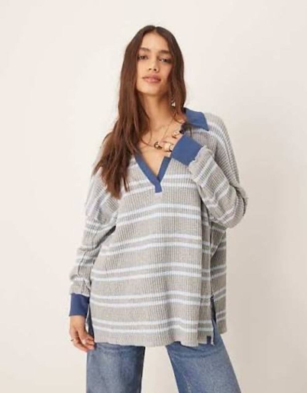 We The Free Travis Striped Rugby Thermal Gray Blue Size Small